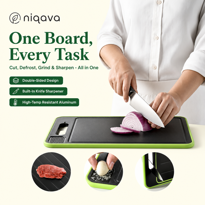 4-in-1 Aluminum Cutting Board — Quick-Defrost, Grinder & Knife Sharpener