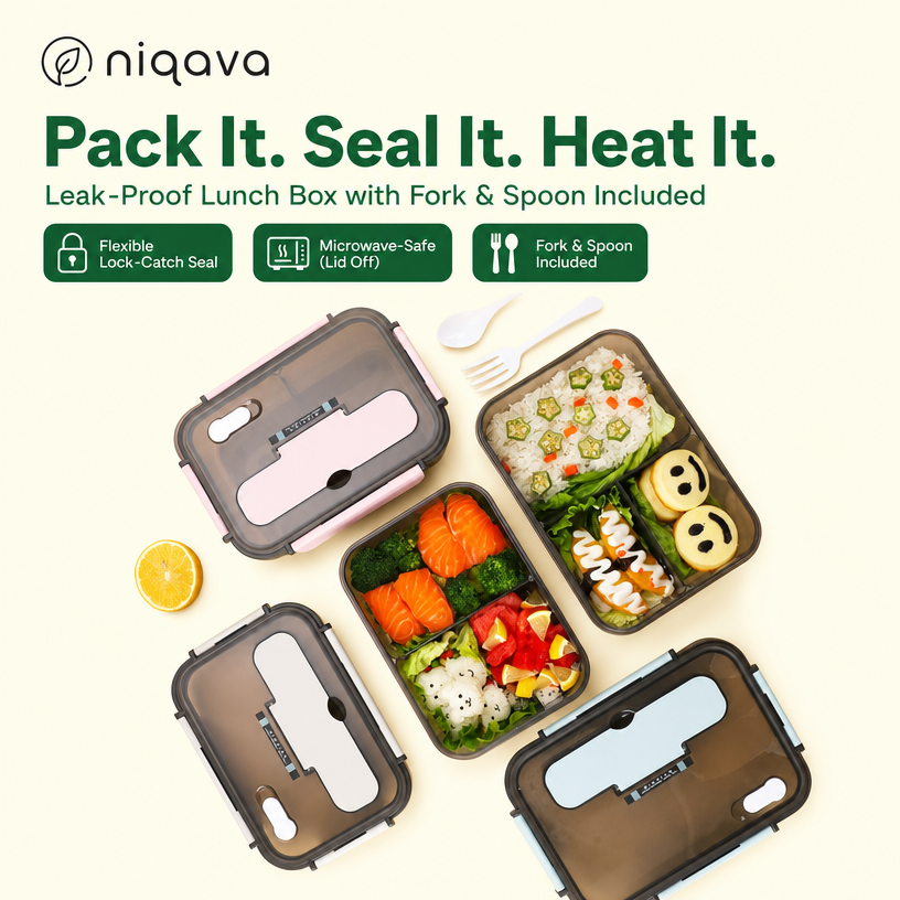 Leak-Proof Bento Lunch Box with Fork & Spoon — Microwave-Safe, 2 or 3 Compartments