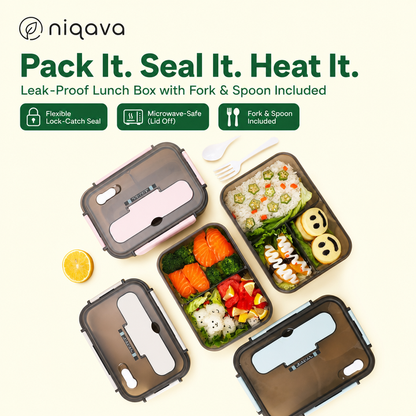 Leak-Proof Bento Lunch Box with Fork & Spoon — Microwave-Safe, 2 or 3 Compartments