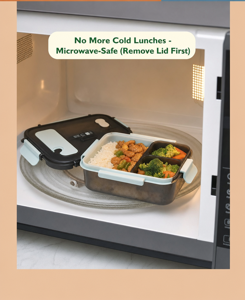 Leak-Proof Bento Lunch Box with Fork & Spoon — Microwave-Safe, 2 or 3 Compartments