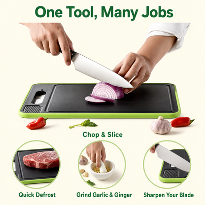 4-in-1 Aluminum Cutting Board — Quick-Defrost, Grinder & Knife Sharpener