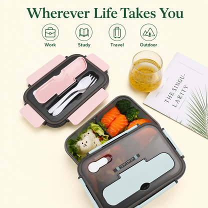 Leak-Proof Bento Lunch Box with Fork & Spoon — Microwave-Safe, 2 or 3 Compartments