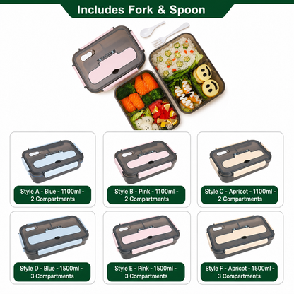 Leak-Proof Bento Lunch Box with Fork & Spoon — Microwave-Safe, 2 or 3 Compartments