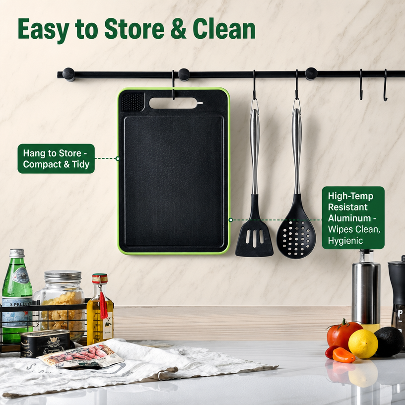 4-in-1 Aluminum Cutting Board — Quick-Defrost, Grinder & Knife Sharpener