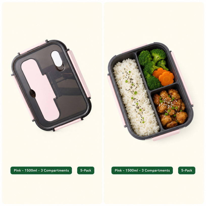 Leak-Proof Bento Lunch Box with Fork & Spoon — Microwave-Safe, 2 or 3 Compartments